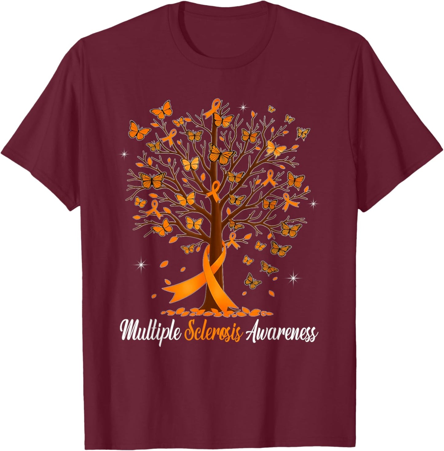 Multiple Sclerosis Awareness Butterfly Orange Ribbon T-Shirt - T-Shirt | Maroon