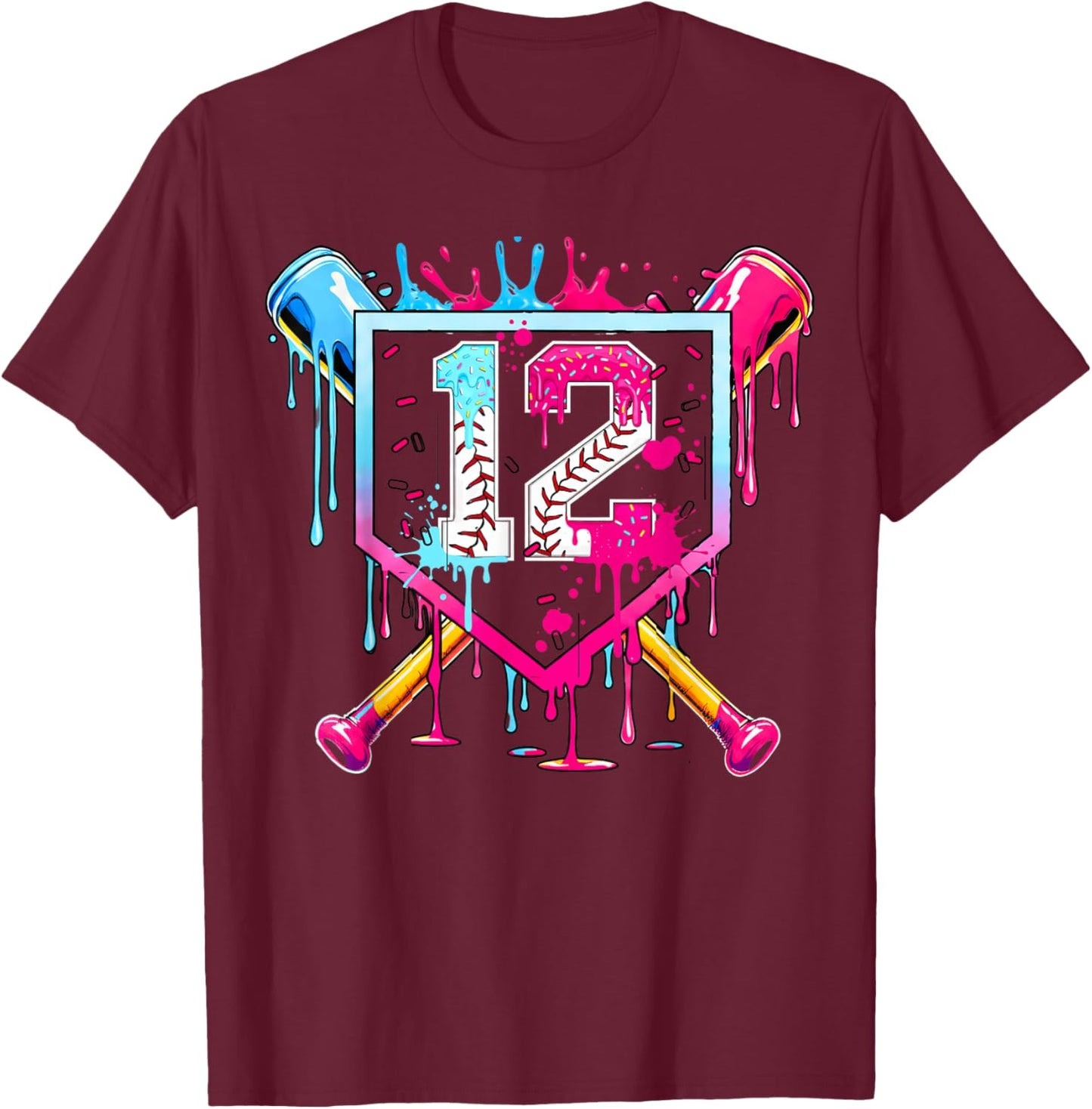 12th Birthday Boys Baseball Ice Cream Drip Boys Baseball T-Shirt - T-Shirt | Maroon