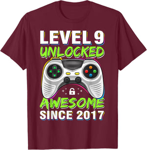 Level 9 Unlocked Awesome Since 2017 9th Birthday Gaming Boys T-Shirt - T-Shirt | Maroon