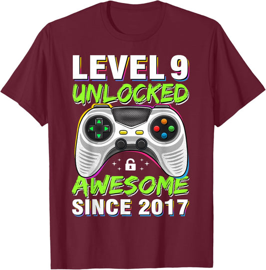 Level 9 Unlocked Awesome Since 2017 9th Birthday Gaming Boys T-Shirt - T-Shirt | Maroon