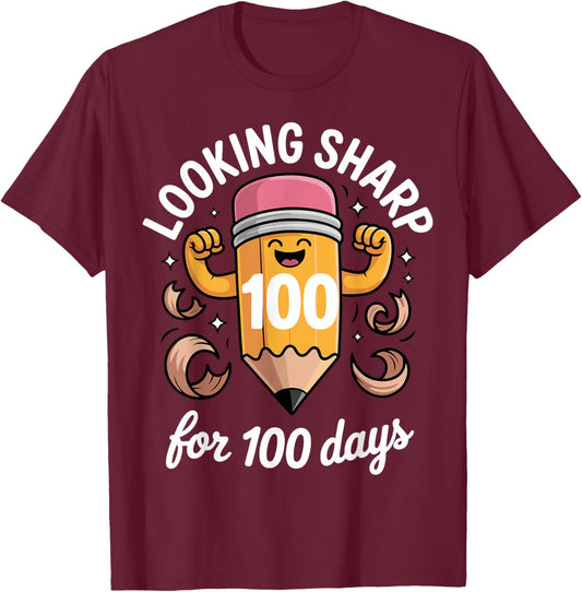 Looking Sharp for 100 Days of School T-Shirt - T-Shirt | Maroon
