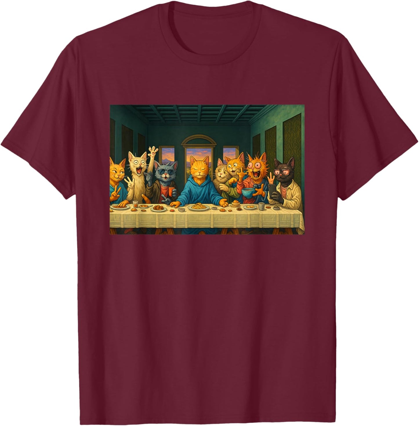Cat Lovers - The Last Supper Funny T-Shirt - T-Shirt | Maroon