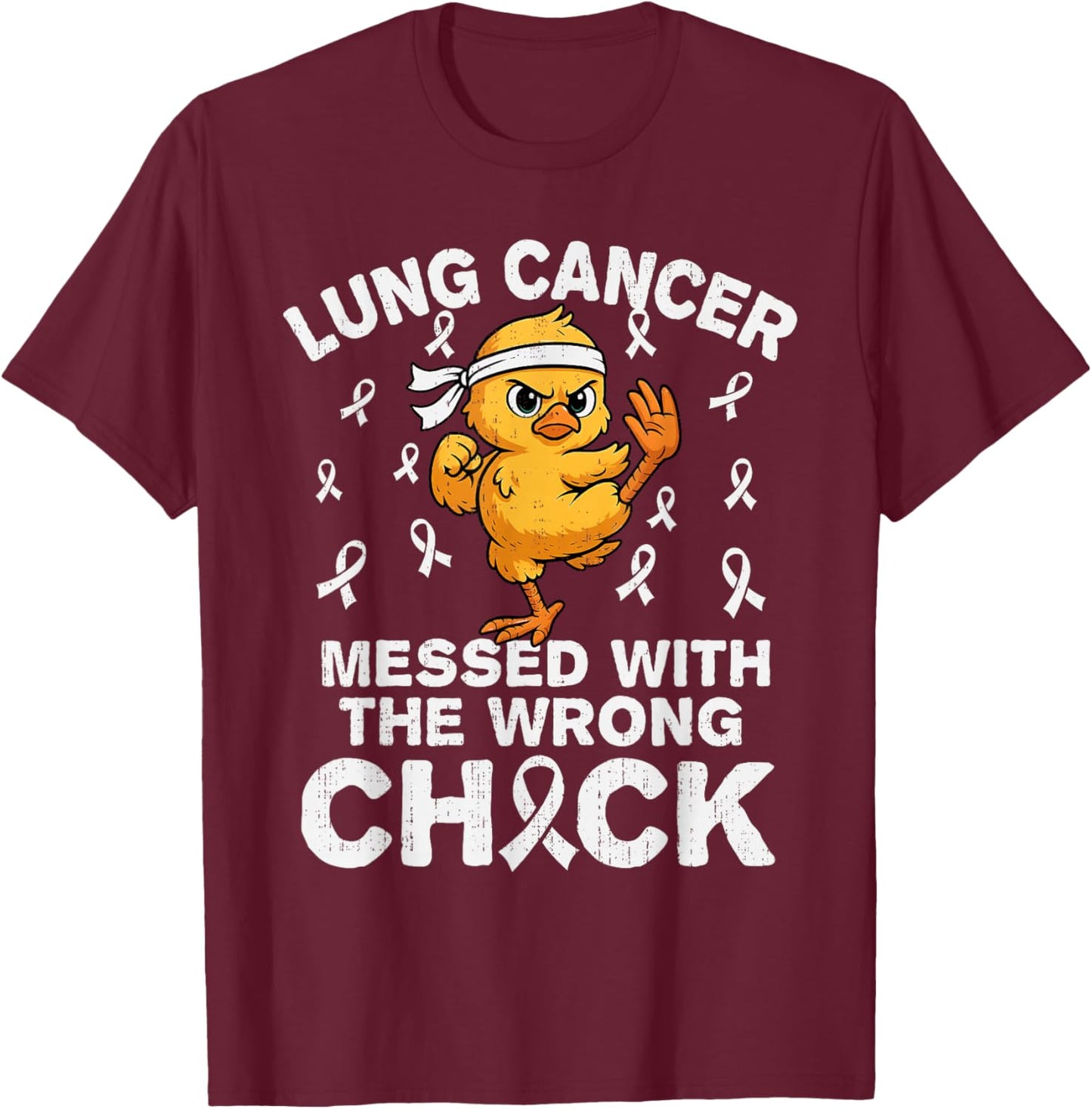 Funny Lung Cancer Awareness Chicken White Ribbon Support T-Shirt - T-Shirt | Maroon