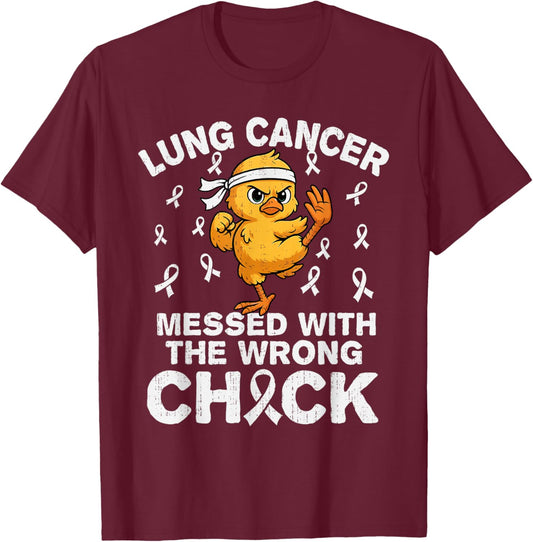 Funny Lung Cancer Awareness Chicken White Ribbon Support T-Shirt - T-Shirt | Maroon