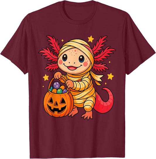 Cute Axolotl Mummy Spooky Halloween Candy Pumpkin Axolotl T-Shirt - T-Shirt | Maroon