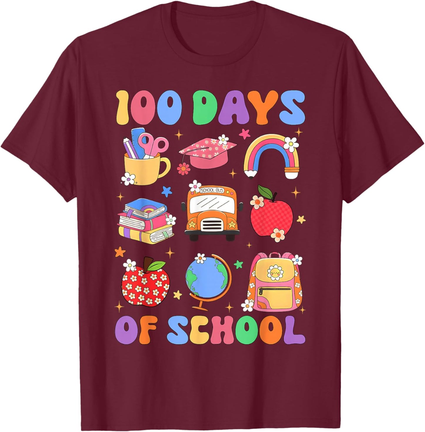 Happy 100 Days of School Cute Pencil Apple Boy Girl Teacher T-Shirt - T-Shirt | Maroon
