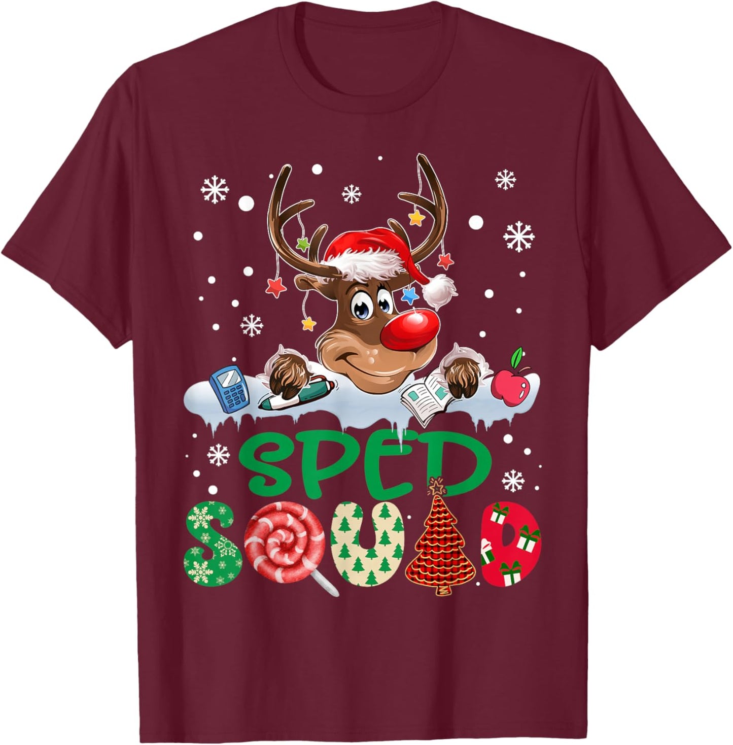 Reindeer Santa Hat SPED Squad Teacher Funny Christmas Kids T-Shirt - T-Shirt | Maroon