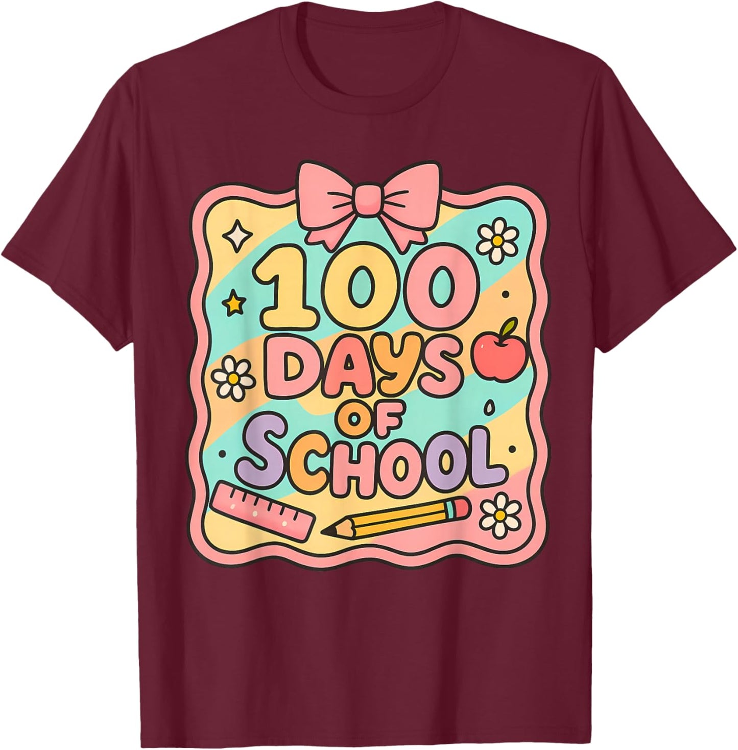 100 Days of School Preppy 100th Day of School Teacher Kids T-Shirt - T-Shirt | Maroon