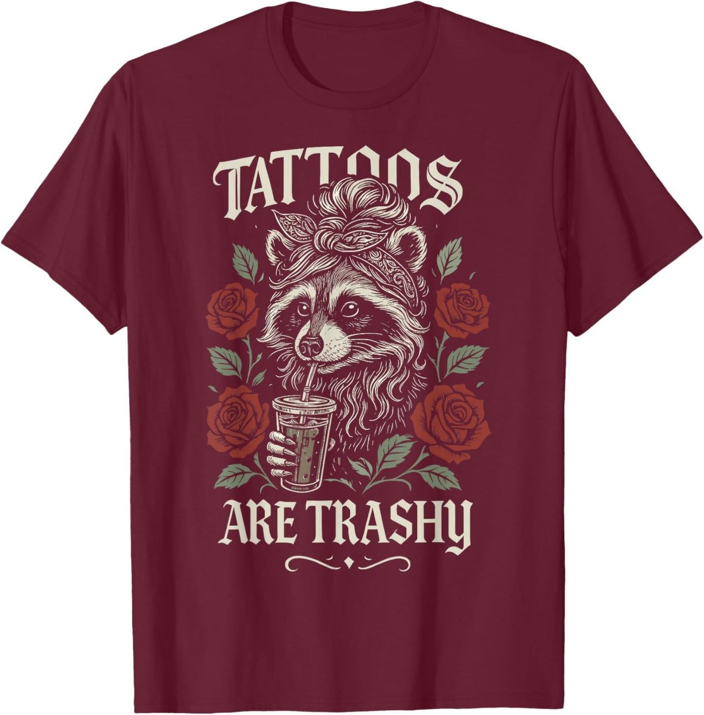 Funny Tattoo Raccoon Trash Panda Design Retro Inked Animal T-Shirt - T-Shirt | Maroon