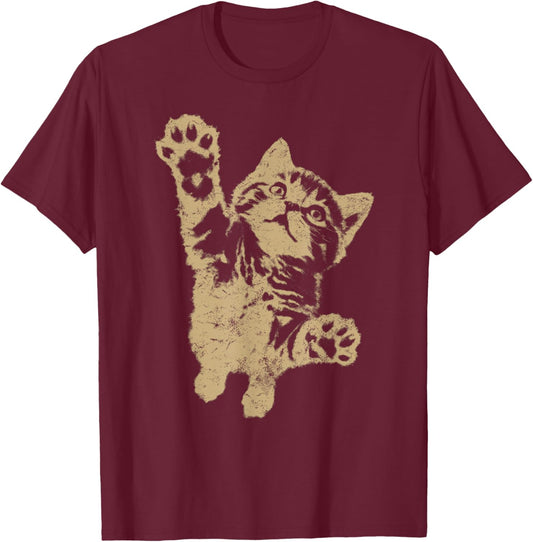 Funny Cat Jumping Up Brown Distressed Vintage Grunge Graphic T-Shirt - T-Shirt | Maroon