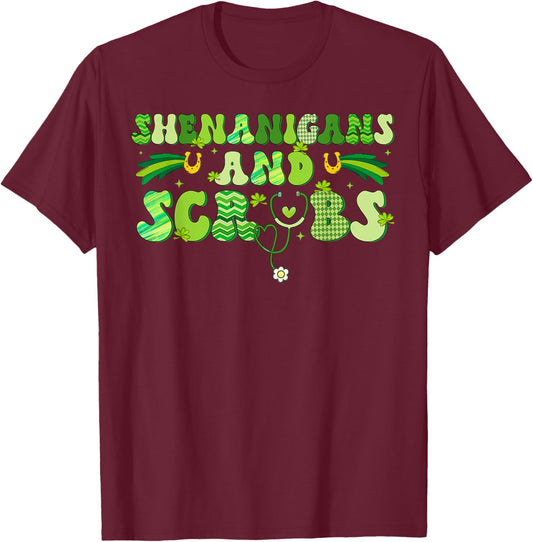 Saint Patrick's Day Shenanigans Scrubs Green Shamrock Nurse T-Shirt - T-Shirt | Maroon