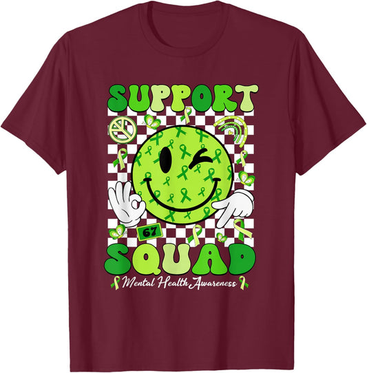 Support Squad Mental Health Matters Awareness Green Ribbon T-Shirt - T-Shirt | Maroon