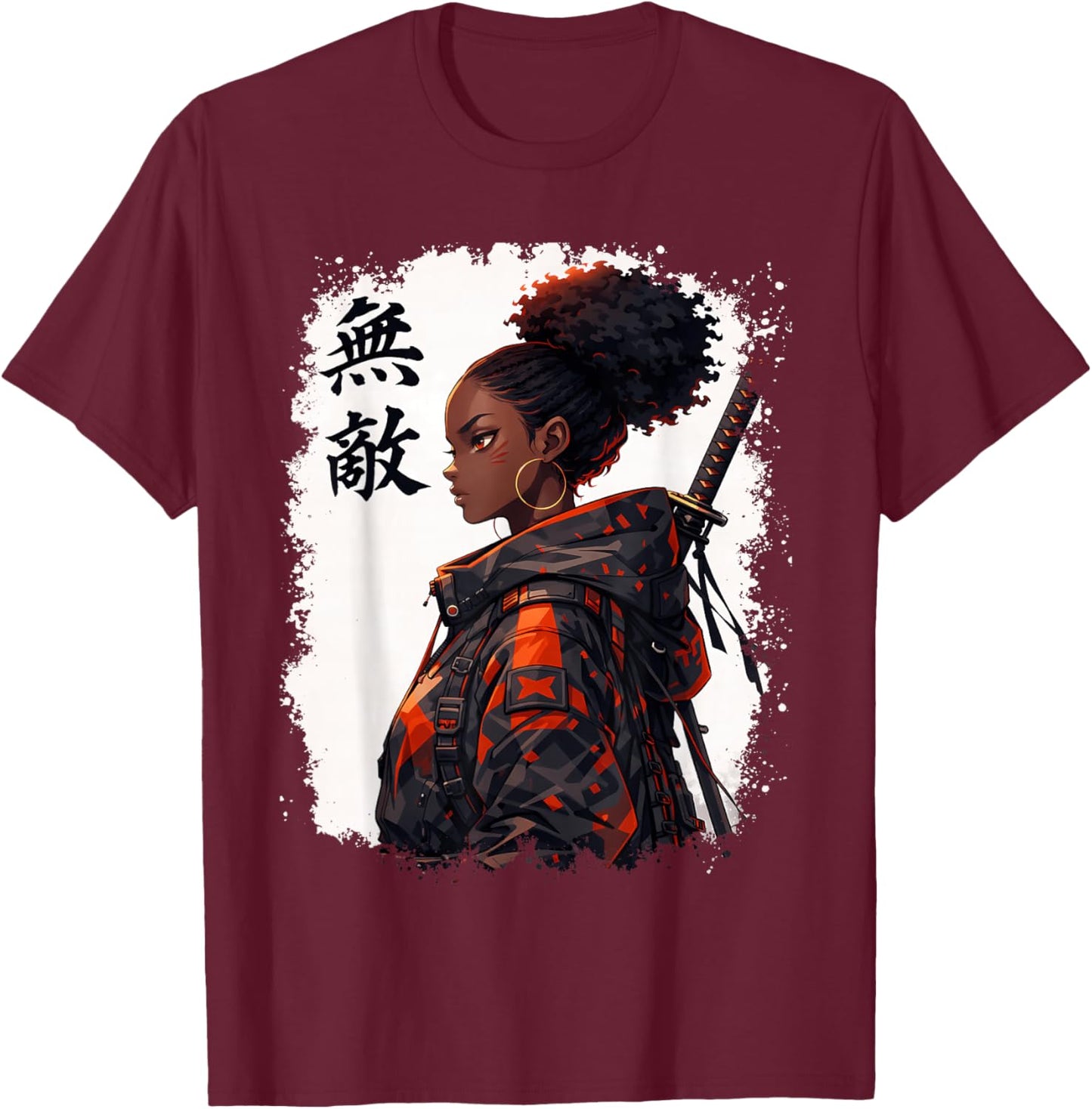 Black Samurai Girl Anime Warrior Afro African Pride T-Shirt - T-Shirt | Maroon