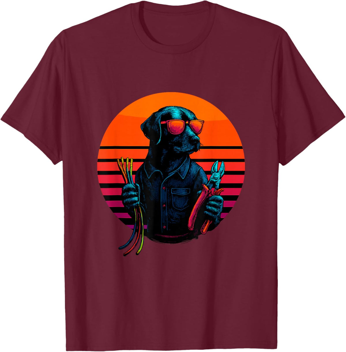 Retro Dog with Cable Wiring Electrician T-Shirt - T-Shirt | Maroon