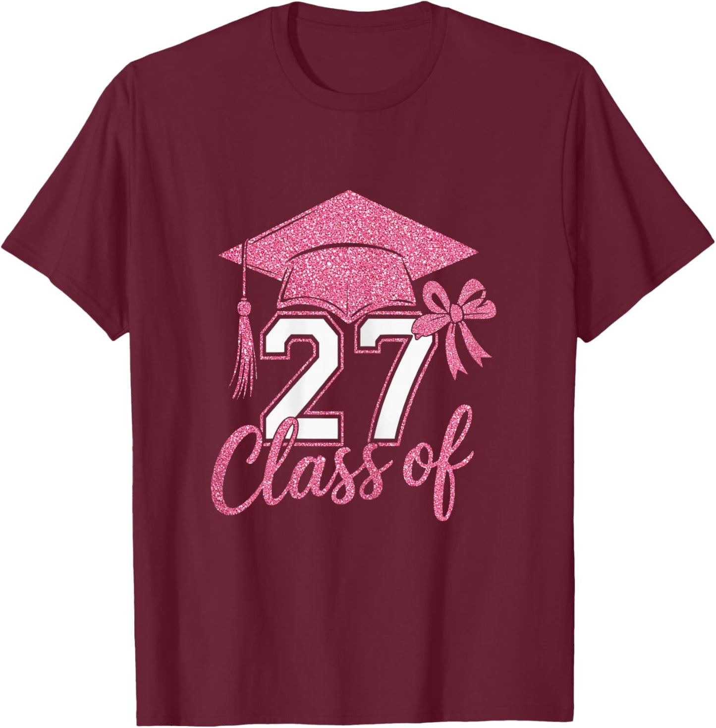 Stylish Senior Class of 2027 Pink Coquette Bow Women Girls T-Shirt - T-Shirt | Maroon