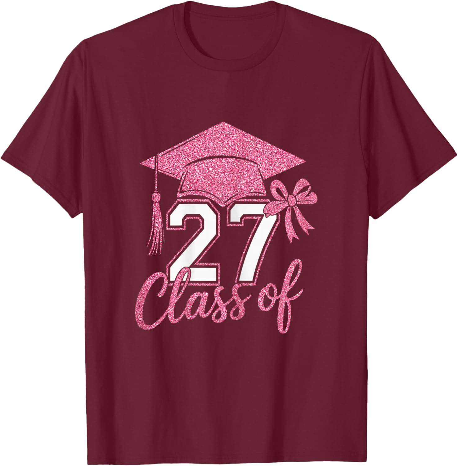 Stylish Senior Class of 2027 Pink Coquette Bow Women Girls T-Shirt - T-Shirt | Maroon