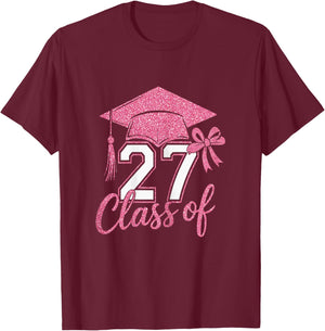 Stylish Senior Class of 2027 Pink Coquette Bow Women Girls T-Shirt - T-Shirt | Maroon