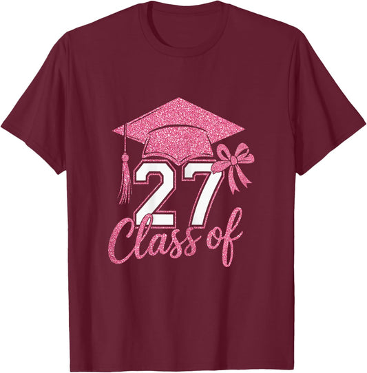 Stylish Senior Class of 2027 Pink Coquette Bow Women Girls T-Shirt - T-Shirt | Maroon