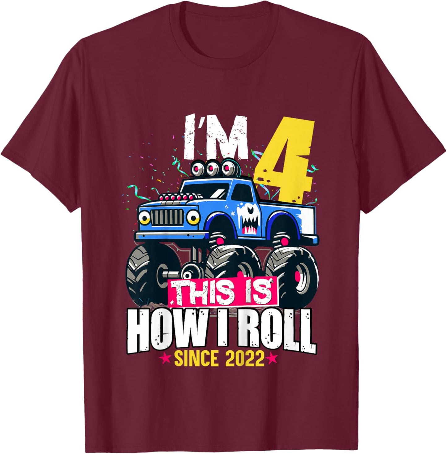 Kids Cute 4th Birthday Truck Turning 4 Years Old Boy Born in 2022 T-Shirt - T-Shirt | Maroon