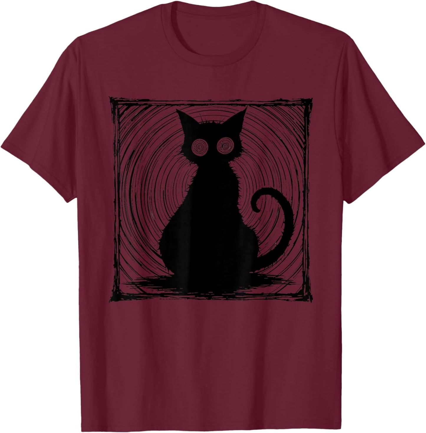 Hypnotic Black Cat Trippy Spiral Eyes Spooky Halloween T-Shirt - T-Shirt | Maroon
