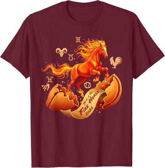 Year of The Fire Horse 2026 Fortune Chinese Lunar New Year T-Shirt - T-Shirt | Maroon