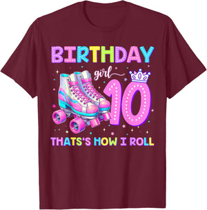 Kids Rolling Into 10 Roller Skating 10th Birthday Girl Party T-Shirt - T-Shirt | Maroon