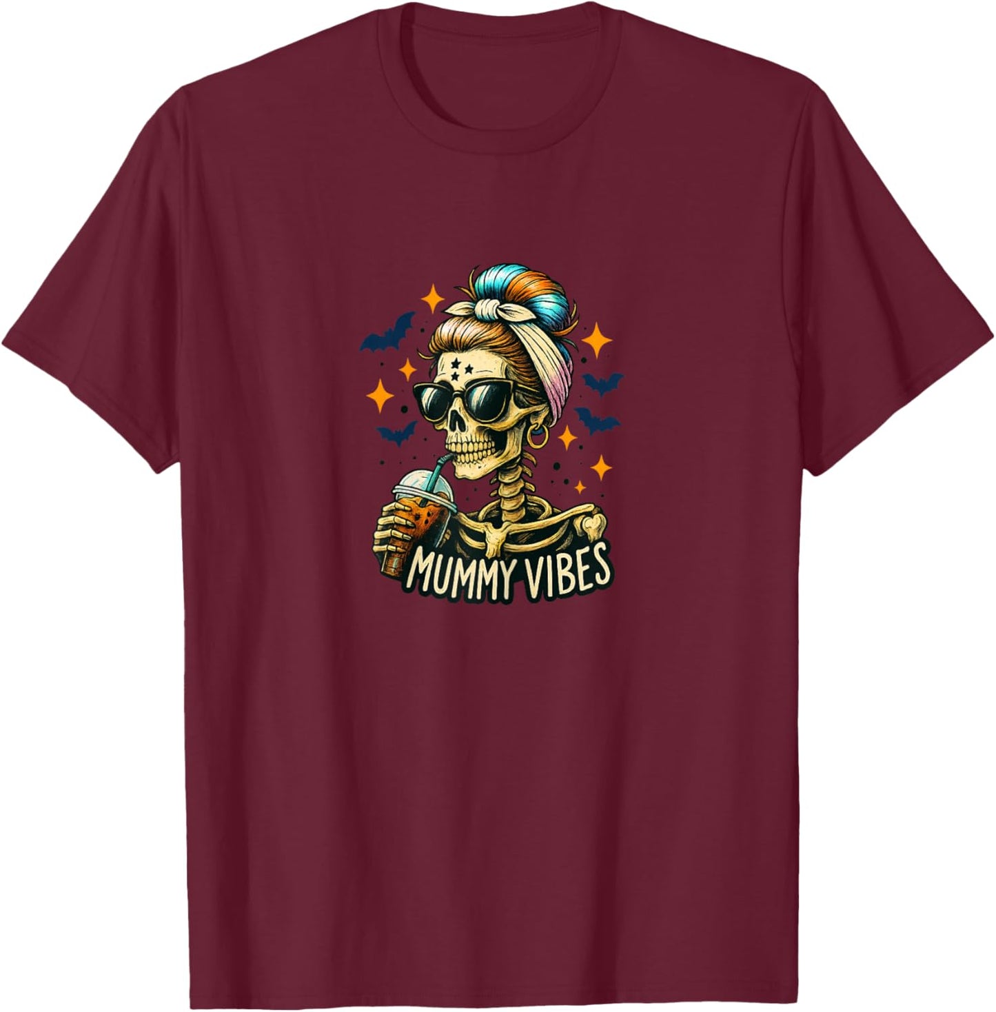Spooky Mummy Skeleton Coffee Vibes Halloween Mom Product T-Shirt - T-Shirt | Maroon