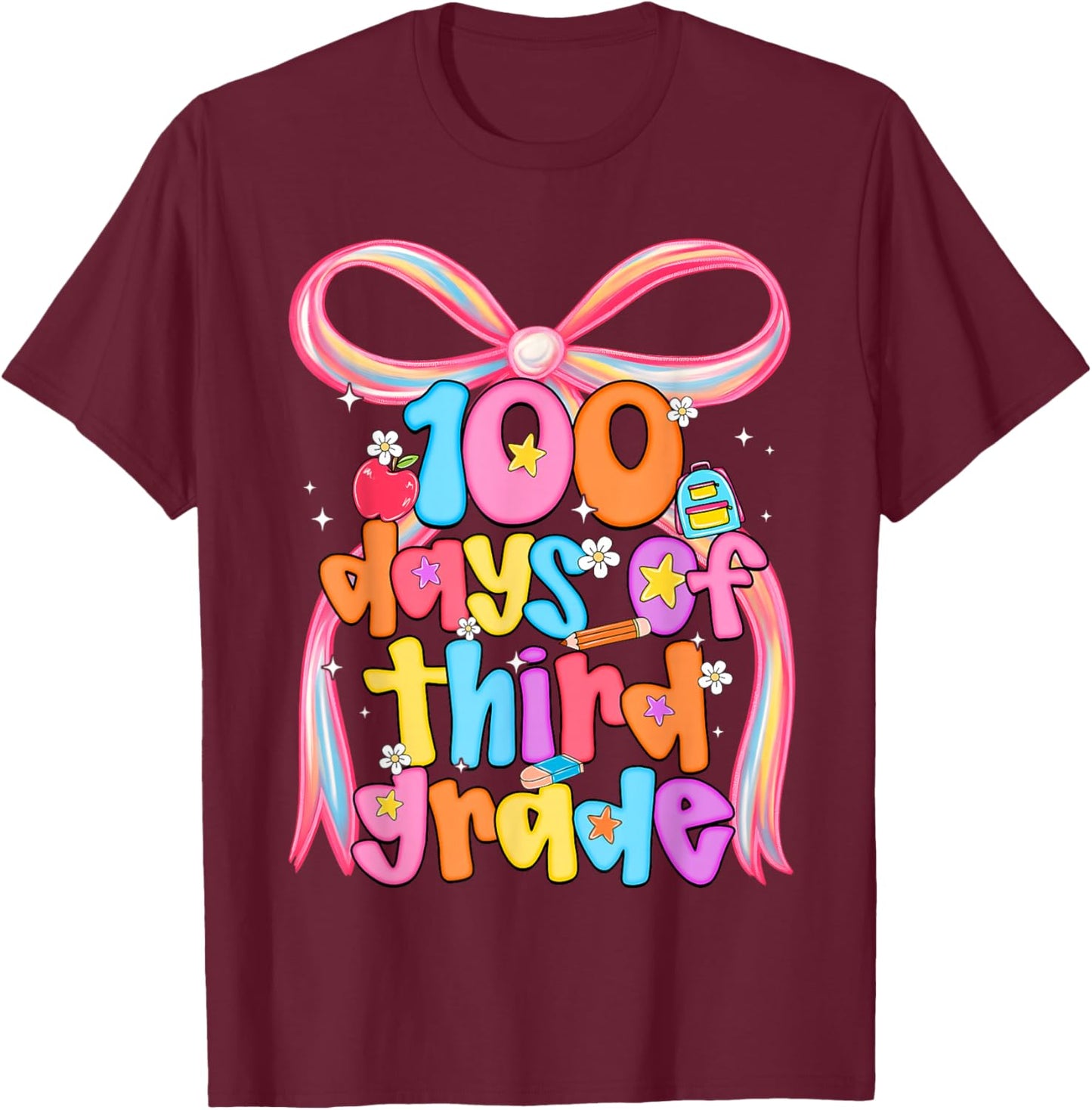 100 Days of 3rd Grade Teacher Coquette Bow Girl Women T-Shirt - T-Shirt | Maroon