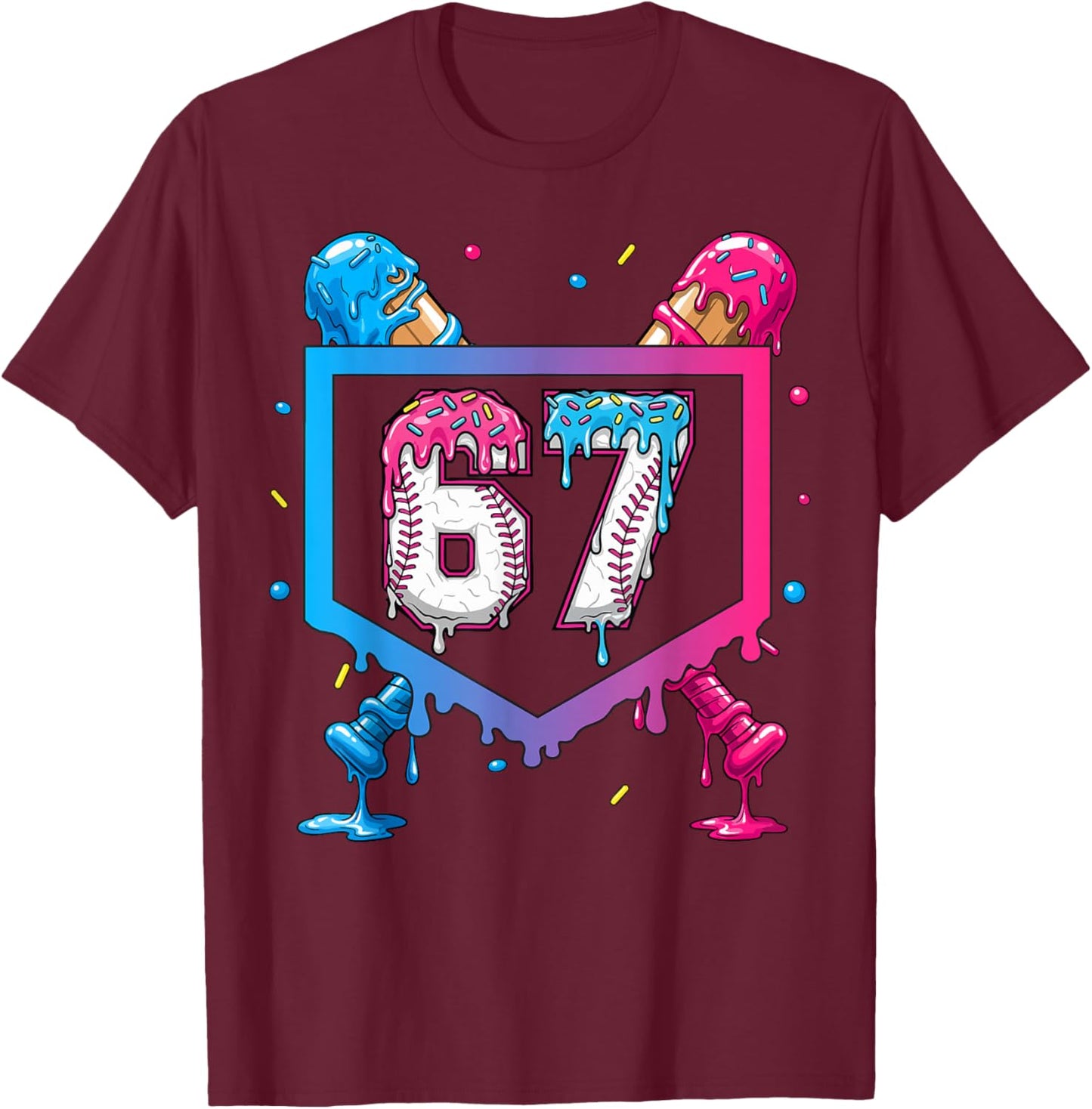 Baseball Ice Cream Drip Number 67 Player 67th Birthday T-Shirt - T-Shirt | Maroon