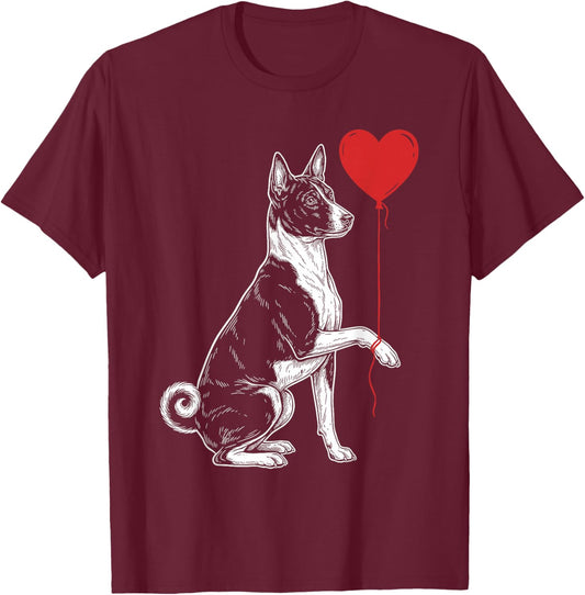 Basenji Lover Dog Art Holding Heart Valentines T-Shirt - T-Shirt | Maroon