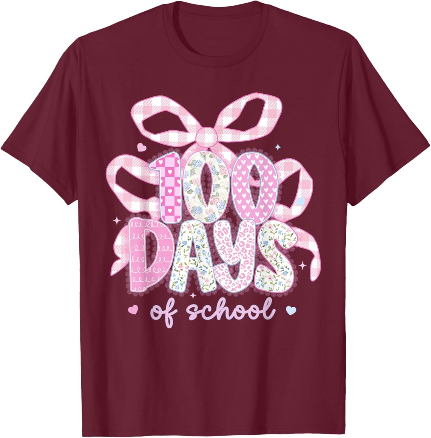 100 Days of School Coquette Bow 100th Day Girly Outfits T-Shirt - T-Shirt | Maroon