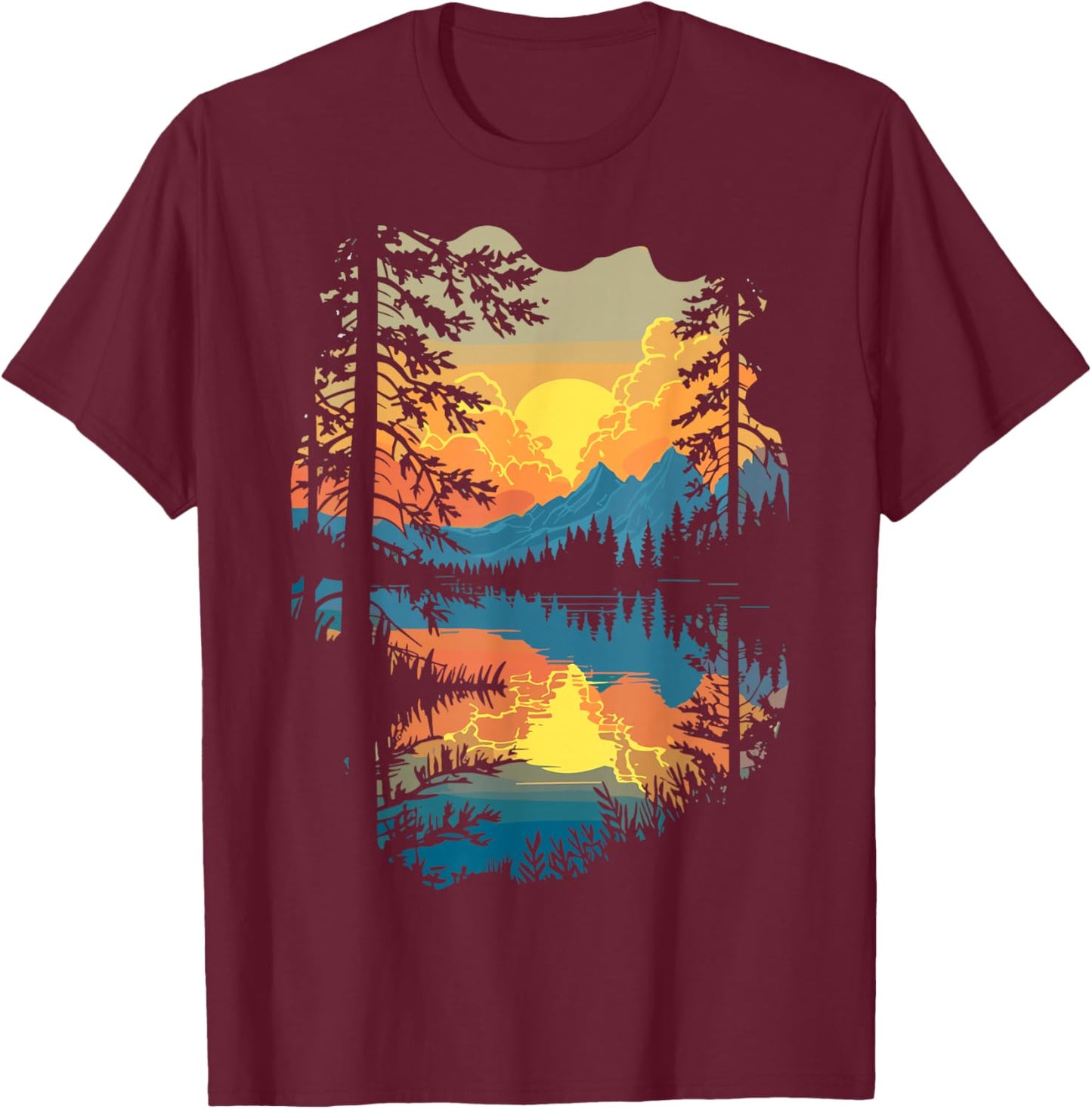 Nature Trees Reflection Forest Outdoor T-Shirt - T-Shirt | Maroon
