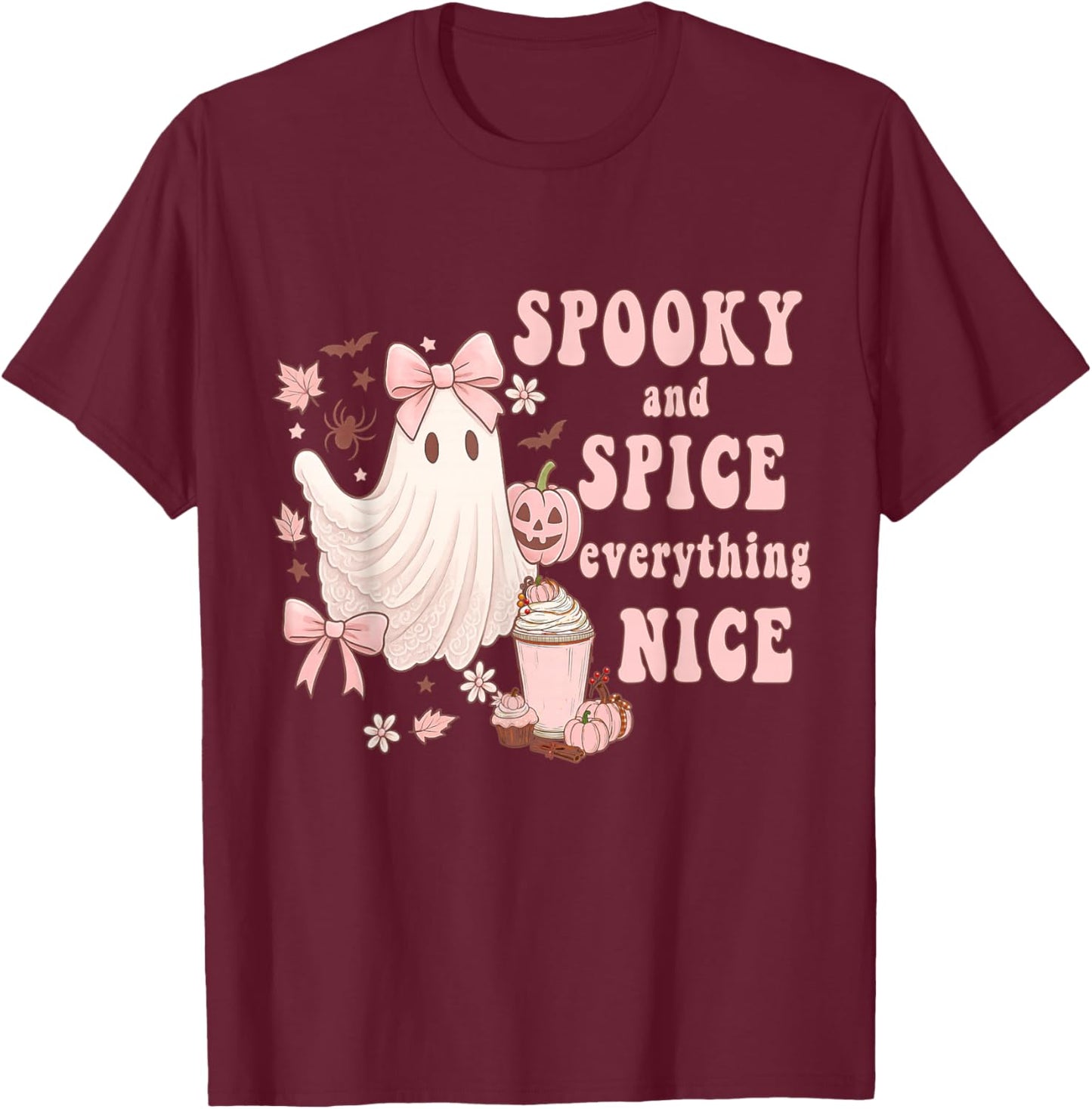Spooky and Spice Everything Nice Pink Ghost Halloween T-Shirt - T-Shirt | Maroon
