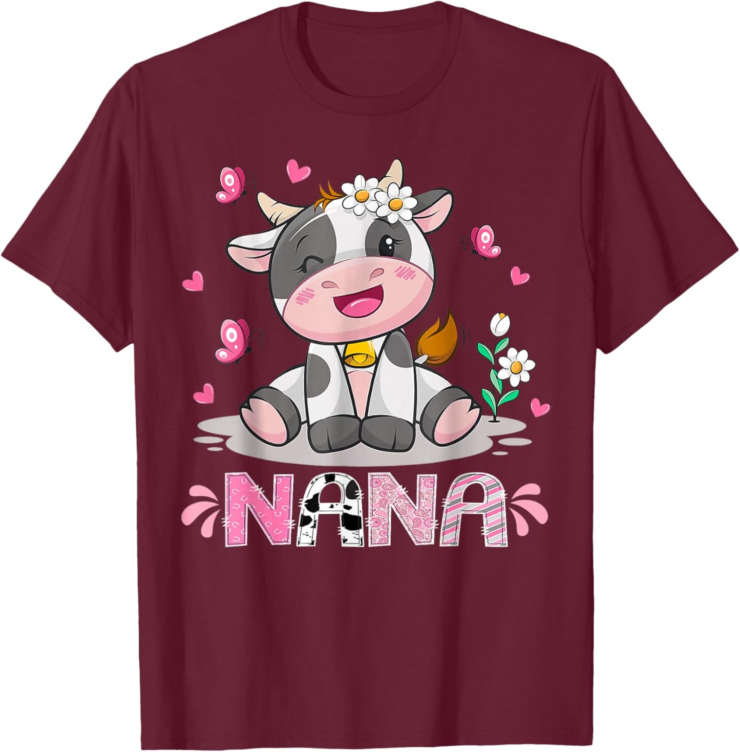 Nana Pink Farm Cow Birthday Girl Matching Family T-Shirt - T-Shirt | Maroon