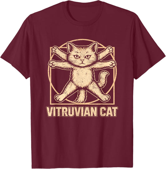 Vitruvian Cat Art Feline Anatomy Funny Kitty Lover T-Shirt - T-Shirt | Maroon