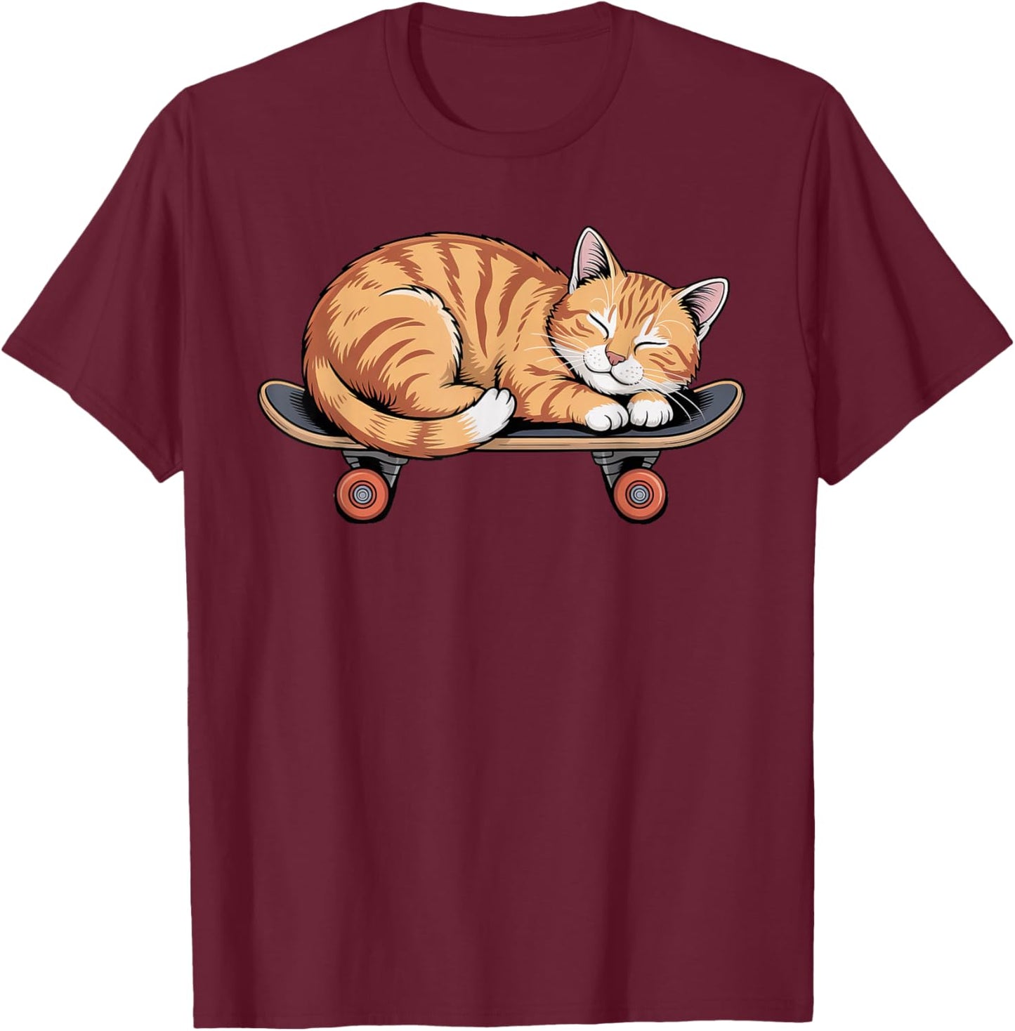 Funny Orange Cat Sleeping On A Skateboard Skateboarding T-Shirt - T-Shirt | Maroon