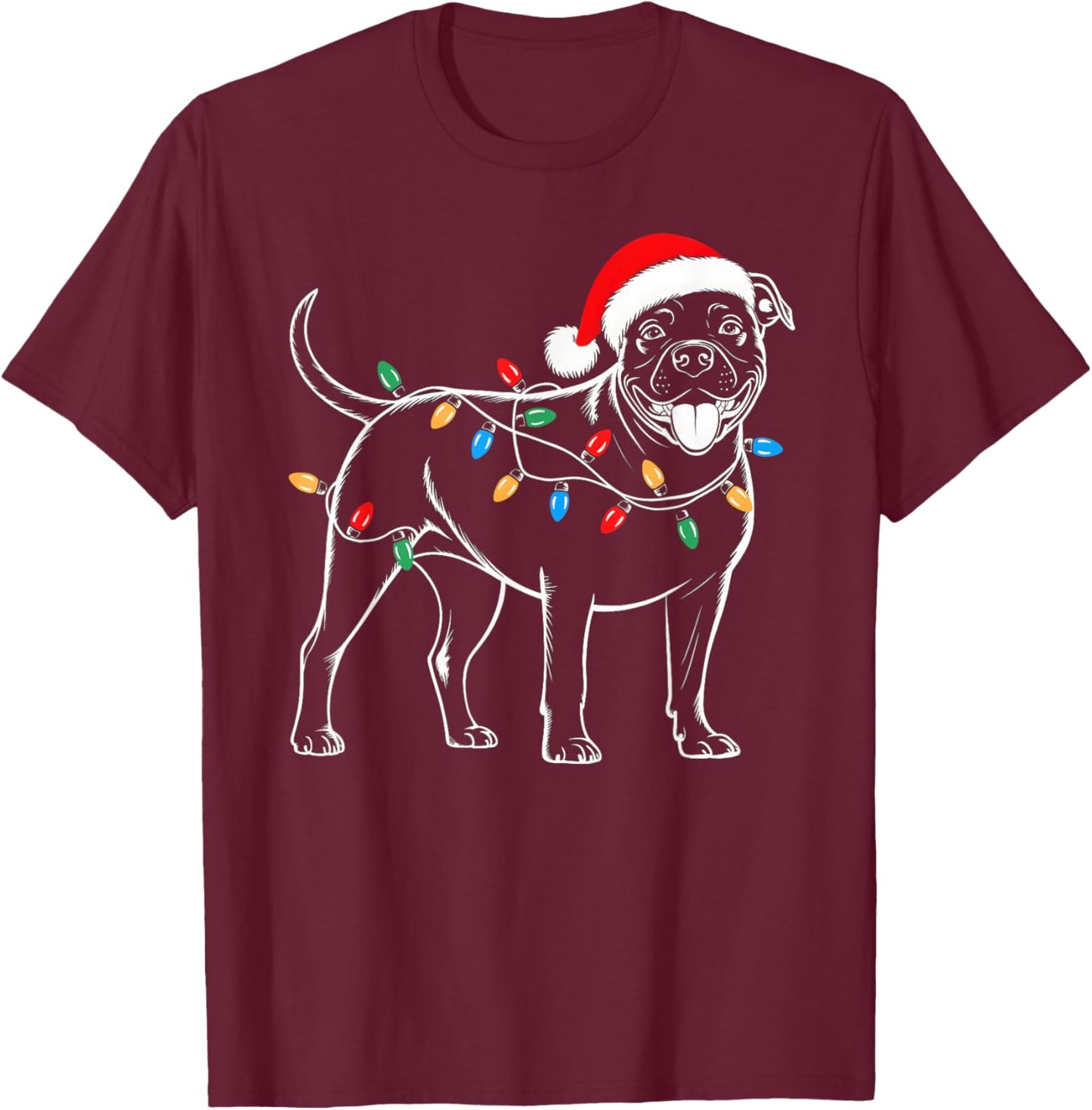 Pitbull Dog Christmas Tree Lights Xmas Pet Animal Dog Lover T-Shirt - T-Shirt | Maroon