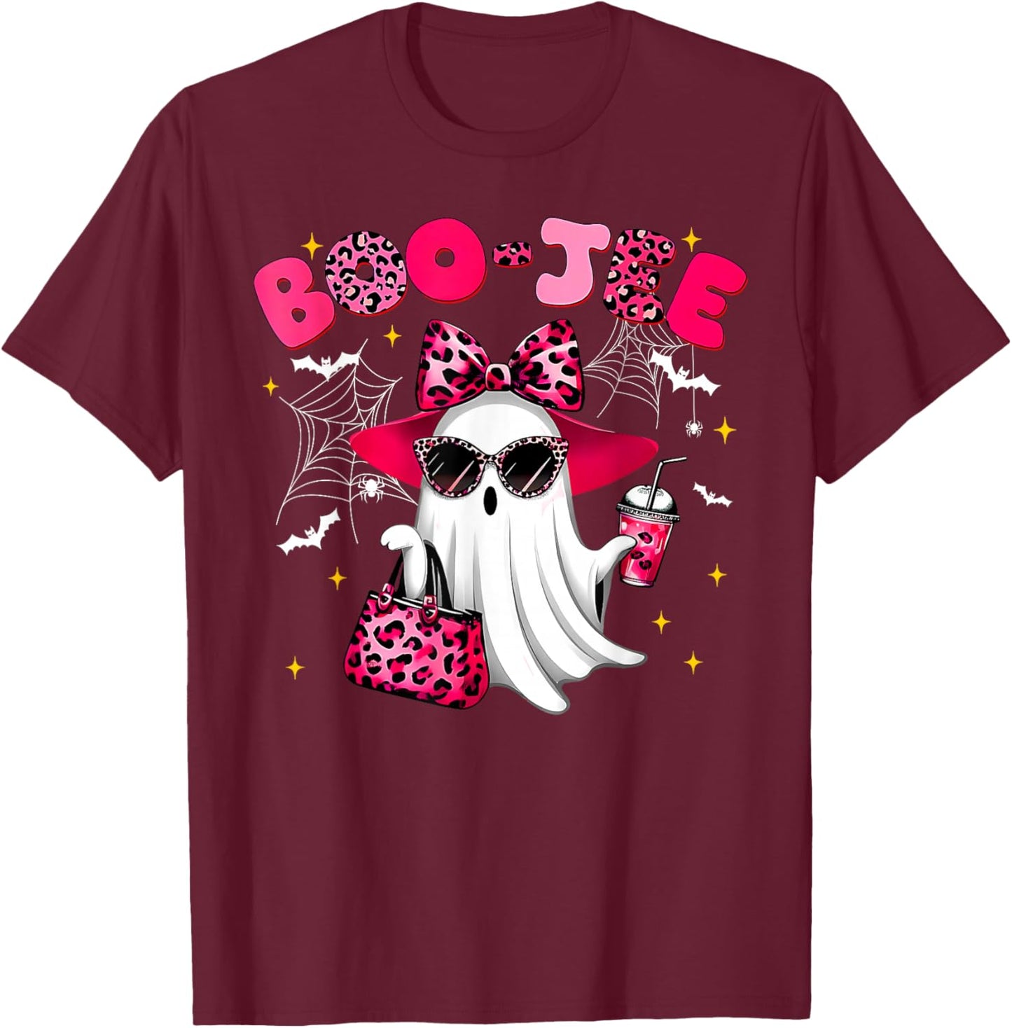 Cute Boo JEE Ghost Halloween Pink Leopard Bow Ghost T-Shirt - T-Shirt | Maroon