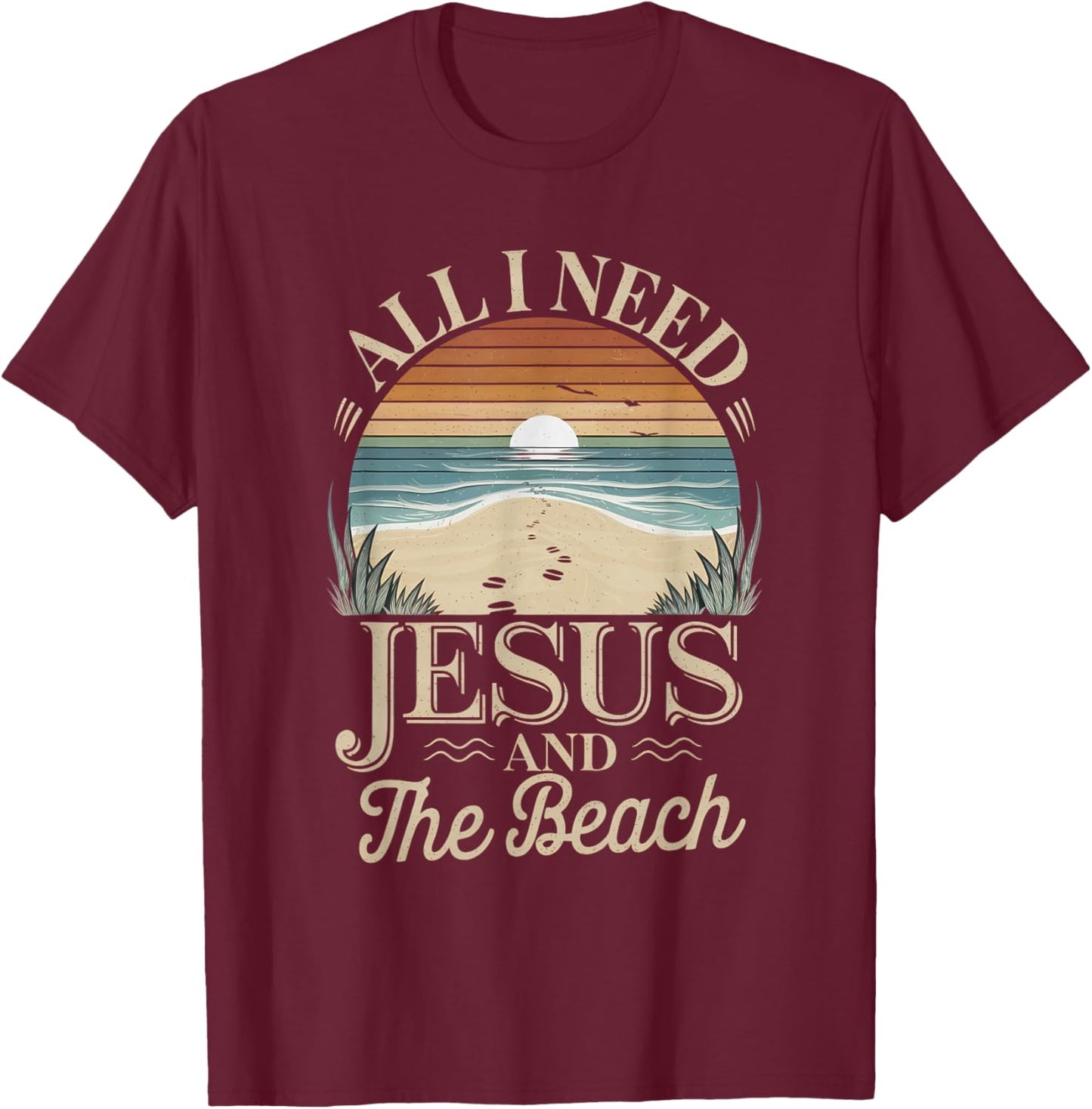 All I Need Jesus and The Beach Funny Christian Sun Vacation T-Shirt - T-Shirt | Maroon