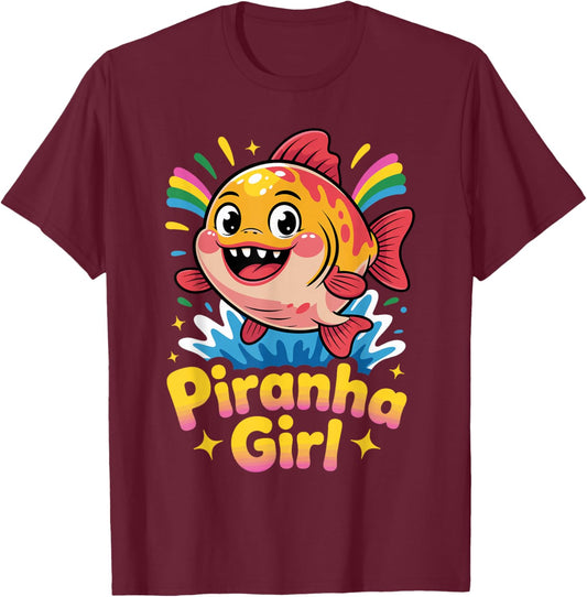 Graphic Whimsical Playful Cool Swim Aquatic Retro Piranha T-Shirt - T-Shirt | Maroon