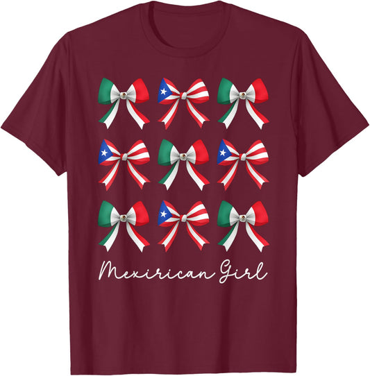 Mexirican Girl Coquette Bows Mexican Mexico Puerto Rico Flag T-Shirt - T-Shirt | Maroon