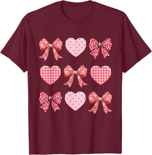 Valentines Day Hearts Coquette Bow Women Girls Boys T-Shirt - T-Shirt | Maroon