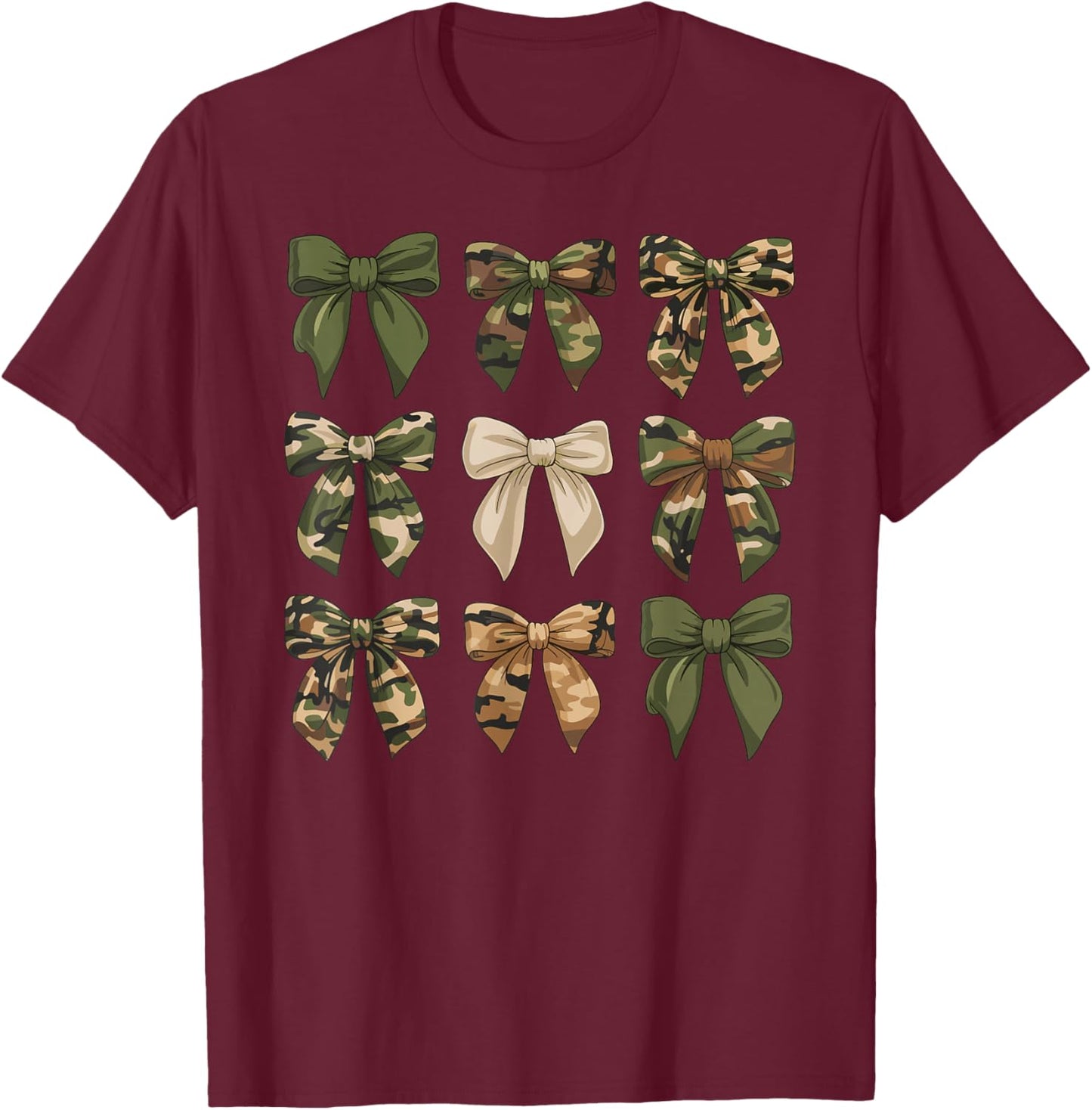 Camouflage Old Camo Bow Cute Country Hunting Women Girl T-Shirt - T-Shirt | Maroon