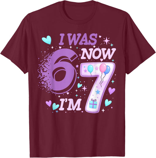 Funny 7th Birthday Kid I was 6 Now I'm 7 Six 67 Meme T-Shirt - T-Shirt | Maroon