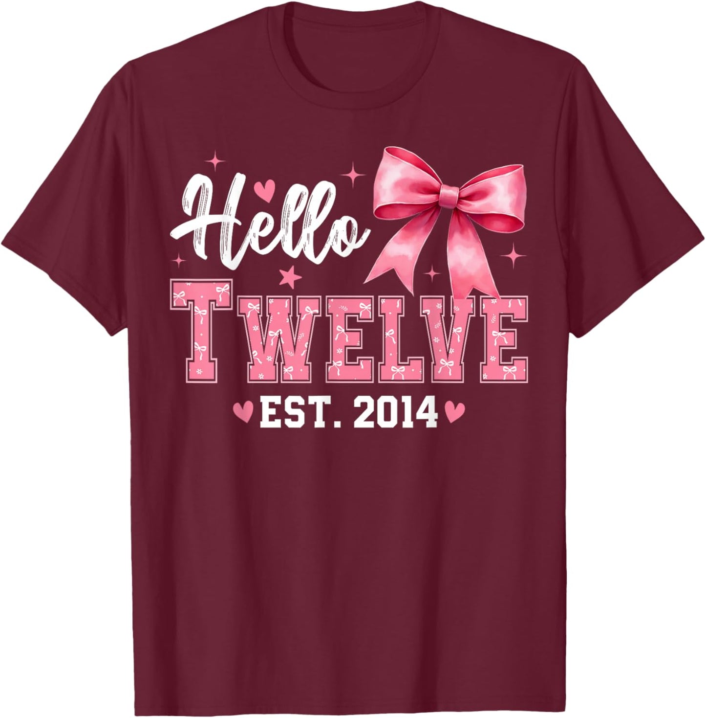 Hello Twelve Est 2014 Coquette Bow 12th Birthday Girl T-Shirt - T-Shirt | Maroon