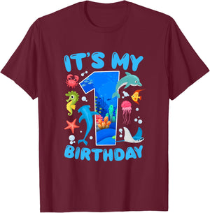 1st Ocean Birthday Party 1 Year Old Sea Animals T-Shirt - T-Shirt | Maroon