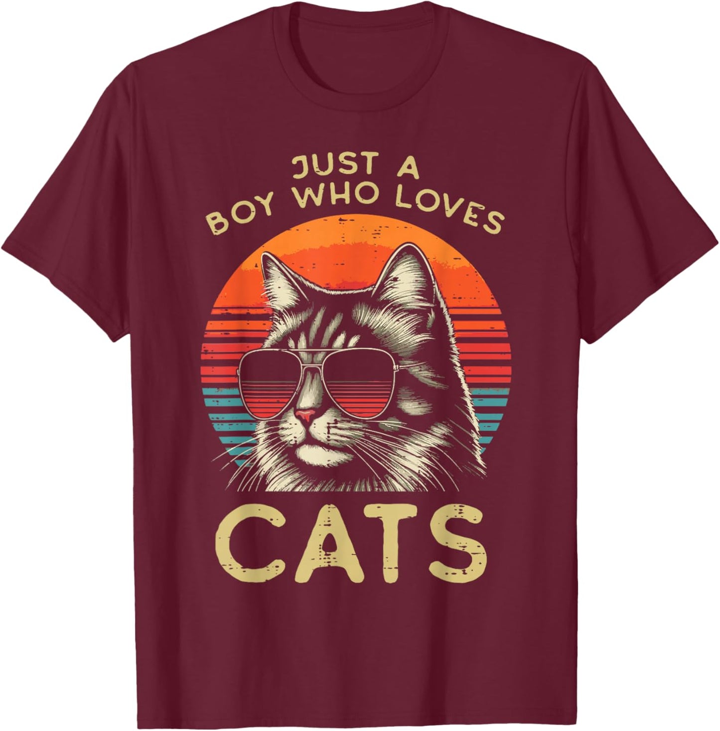 Just Boy Who Loves Cats Retro Kitten Kitty Boys Kids Men T-Shirt - T-Shirt | Maroon