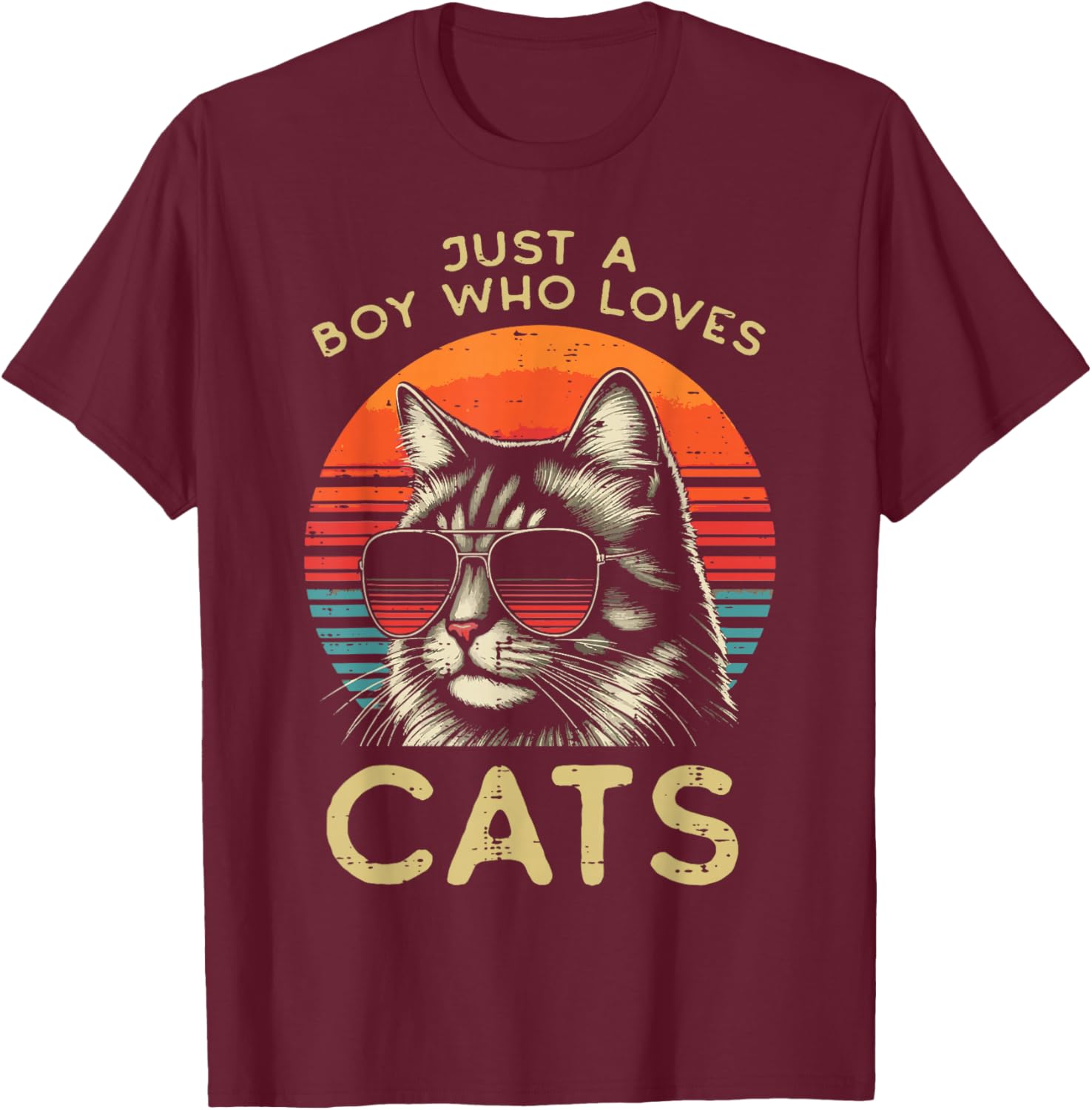 Just Boy Who Loves Cats Retro Kitten Kitty Boys Kids Men T-Shirt - T-Shirt | Maroon
