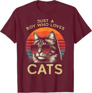 Just Boy Who Loves Cats Retro Kitten Kitty Boys Kids Men T-Shirt - T-Shirt | Maroon