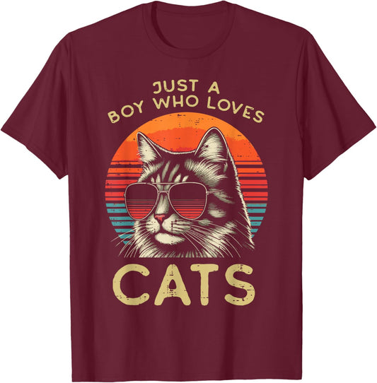 Just Boy Who Loves Cats Retro Kitten Kitty Boys Kids Men T-Shirt - T-Shirt | Maroon